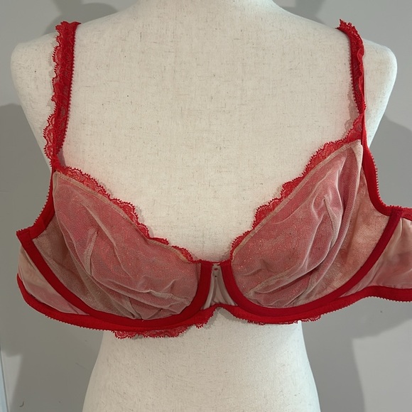 Victorias Secret Angels Red Lace Jeweled Unlined Demi Bra 36DD- 36E - Picture 9 of 9